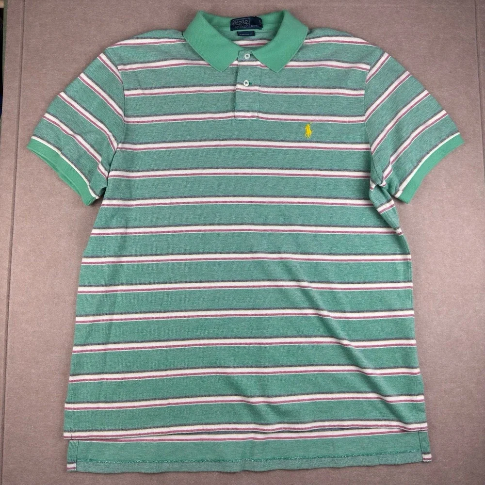 Polo Ralph Lauren Shirt Men XL Green Stripe Yellow Logo‎ Custom Fit Short Sleeve